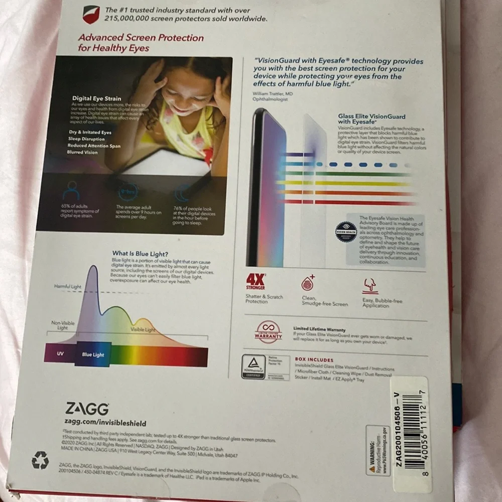 NEW!ZAGG (Glass Elite VisionGuard+) blue light filter 10.2”iPad (8th/7th Gen )